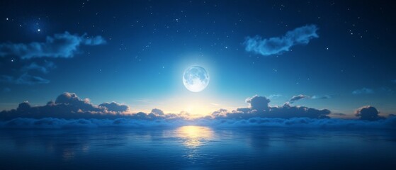 A beautiful night sky with a full moon and a calm ocean