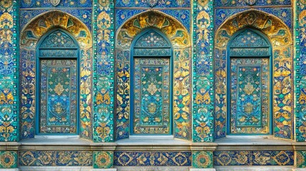 Obraz premium Three ornate arched doors with intricate tilework in shades of
