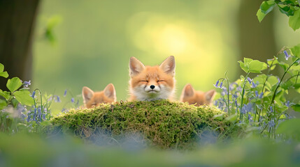 Mother Fox Resting Beside Her Den with Her Kits in Soft Light