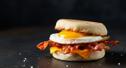 Delicious breakfast sandwich with egg, bacon, and cheese on english muffin