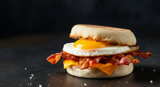 Delicious breakfast sandwich with egg, bacon, and cheese on english muffin