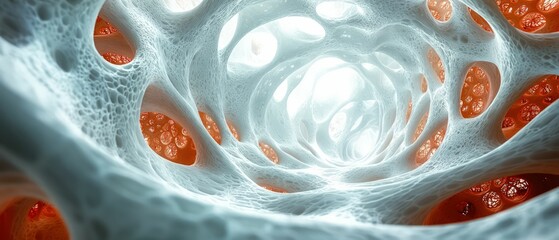 Abstract organic tunnel, glowing white and orange.