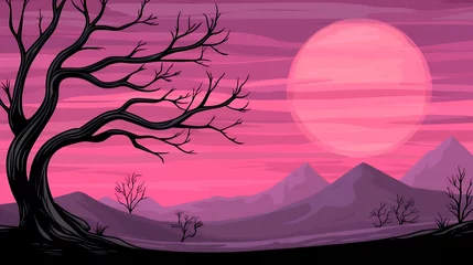 Fototapeten Surreal landscape with a tree and a large pink sun. © OngCaLucK