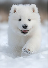 Obraz premium Playful Samoyed Puppy Running Through Snow in Winter Light with White Fur and Snowy Background Detail