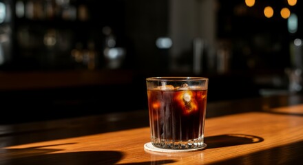 Chilled iced coffee glass on wooden table in sunlit environment