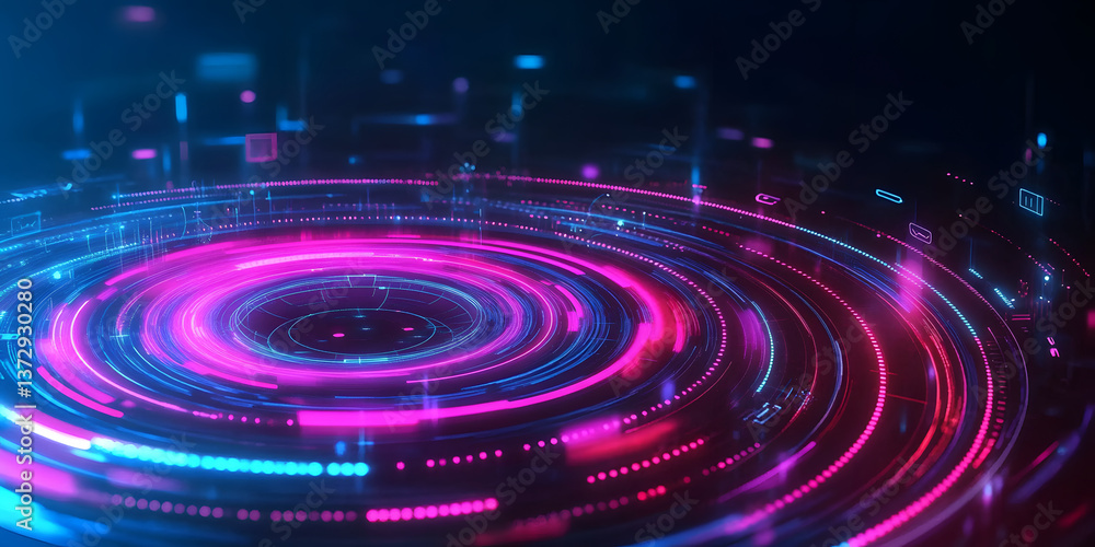 Poster futuristic digital interface glowing in pink and blue tones with circular patterns illustrating tech