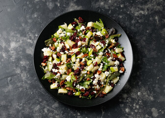 Apple Cranberry Pecan Salad with feta cheese and vegetables. Healthy food.