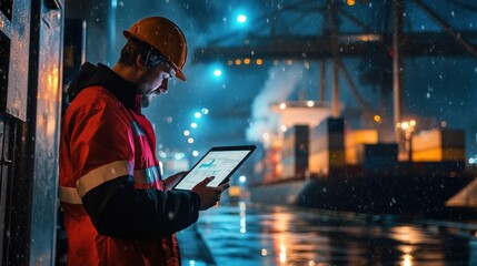 Worker Using Tablet at Shipping Port During Night with Snowfall
