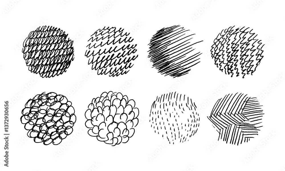 Poster eight textured round spaces, backgrounds made with different artistic tools. doodles and squiggles. 