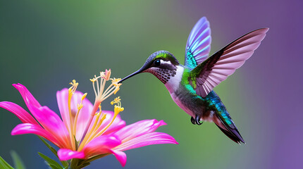 Fototapeta premium Colorful Hummingbird and Flower Vibrant Nature Illustration