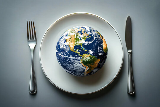 Global food security concept. Globe on plate with cutlery. World hunger awareness. Sustainable diet themes, Earth Day campaigns, environmental projects.