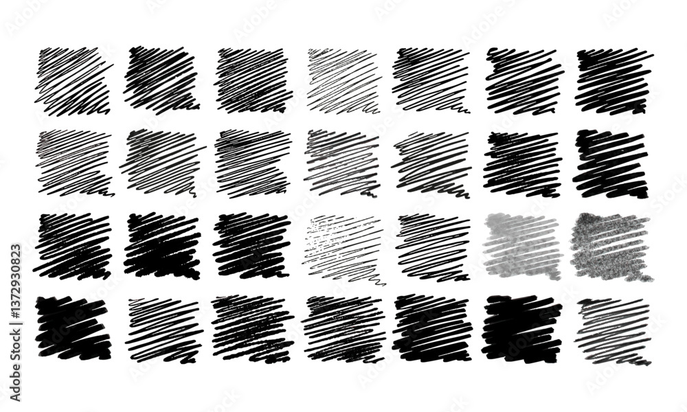 Poster twenty eight varieties of hand drawn shading with different artistic tools. doodles and squiggles. v