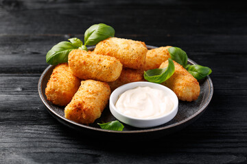 Homemade potato croquettes with mayonnaise. Traditional croquette.