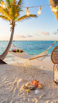 two palms supporting a hammock adorned with flowers. White sand features seashells, a conch, and starfish. The calm ocean reflects a bright sky, with string lights overhead.