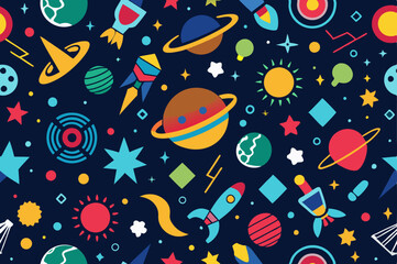 Seamless pattern from different space objects on dark background. Vector illustration.