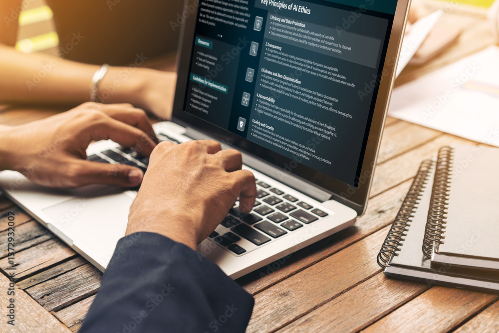 Poster ai ethics responsibility standard law and rules on computer screen provide report of ai ethic transp