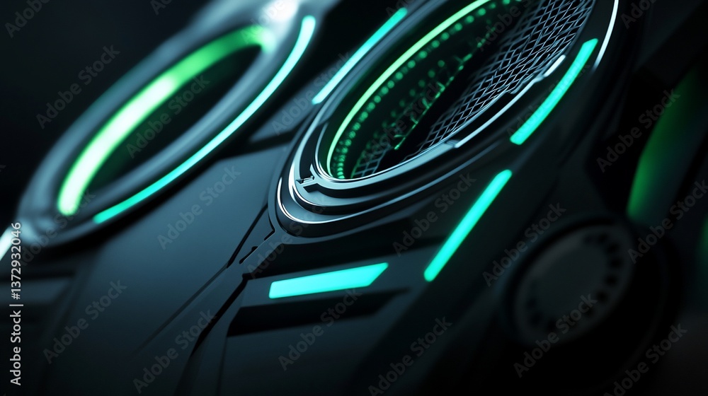 Poster abstract futuristic device with glowing light rings and a mesh-like insert