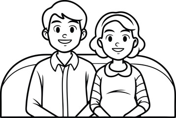 Cartoon Couple in Line Art, Smiling Man and Woman, Cute Outline