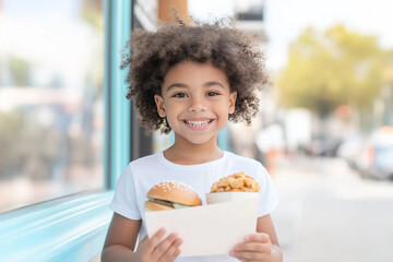 Happy child holding burger and fries outside a cafe  