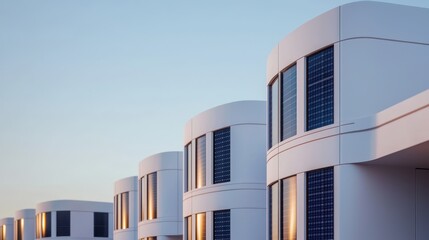 Modern buildings with curved designs against a clear sky.