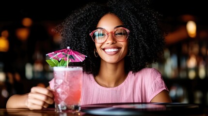 Joyful Woman in Pink Glasses Enjoying Refreshing Drink at Trendy Bar