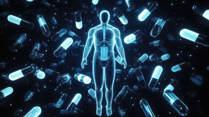 A human form with pills in a glowing blue environment