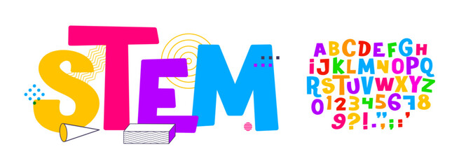 Colorful STEM education font with full letters and numbers set, bright playful alphabet for studying posters, kid learning materials, school banners. Vector typeset