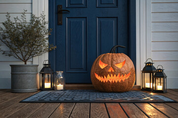 Festive Halloween Porch with Carved Glowing Pumpkin