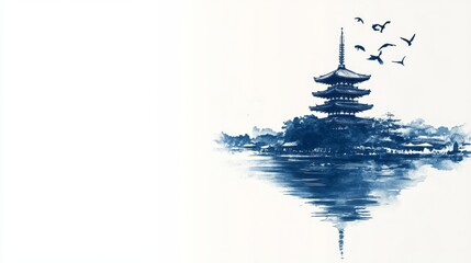 Indigo five storied pagoda and flying birds reflected in water