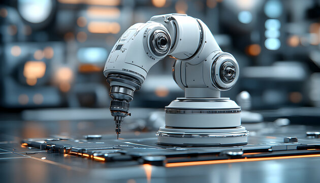 Robotic Arm on Circuit Board Close Up Technological White Arm and Silver Joints with Blurred Orange Backlit Background
