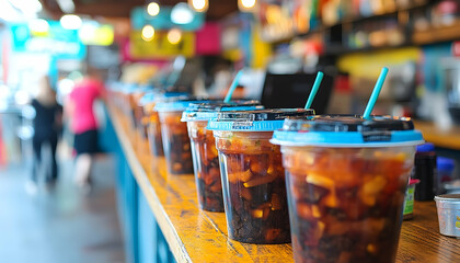 Row of Iced Drinks in Plastic Cups with Straws on Wooden Counter at a Cafe with a Blurry Background