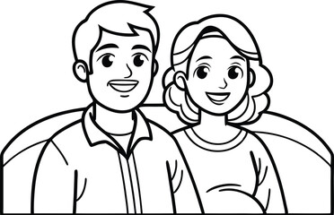 Smiling Cartoon Couple Outline Style With Transparent Background Design