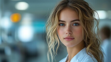 Obraz premium Freckled blonde woman, serene expression, indoor setting.