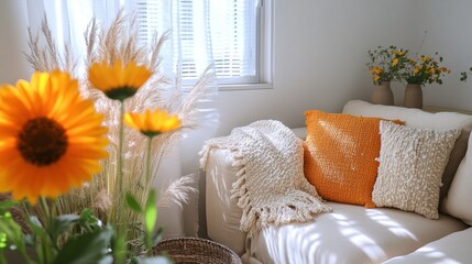 Cozy living room corner with sunflowers and pampas grass.  Sunlight streams through the window