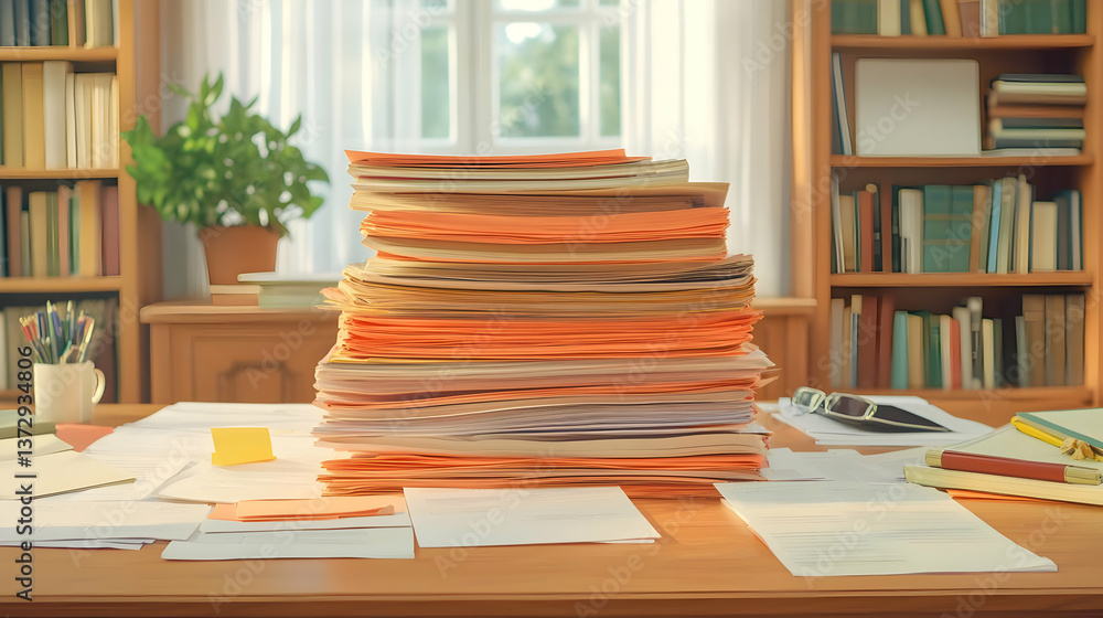 Poster piles of documents on desk in office setting for resource management