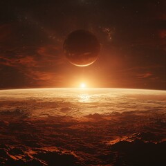 Obraz premium Earthrise space concept. A breathtaking view of a distant planet against a glowing sunset, casting warm hues over an alien landscape.