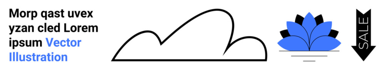 Abstract cloud outline, stylized blue flower petals, and downward black arrow with sale text. Ideal for nature, weather, minimal design, promotions, discounts, eco-concepts simple landing page