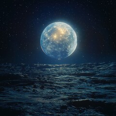 Earthrise space concept. A luminous celestial body rises above a dark, textured surface, surrounded by a star-filled sky, creating a serene and otherworldly atmosphere.