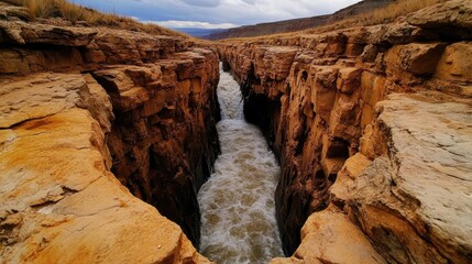 Obraz premium A canyon where waterfalls flow horizontally instead of downward