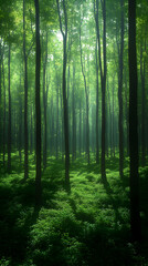 Obraz premium Sunlight filters through a dense green forest highlighting tall trees and lush groundcover A serene natural scene un