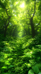 Obraz premium Sunlight filters through lush greenery in a tranquil forest scene highlighting path overgrown with ferns and trees