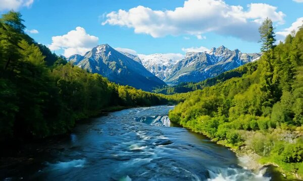 Serene riverside landscape with mountains and lush greenery under clear sky