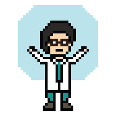 Fototapeta premium Cute pixel cartoon 8bit character man doctor or scientist game care for decoration pharmacist male doctor uniform in hospital 8 bit male pixel art game 8bit png vector.