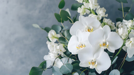 Plakat A chic, modern bouquet featuring white orchids and eucalyptus leaves, arranged in a sleek and minimalist style for a sophisticated, contemporary look.
