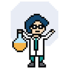 Obraz premium Cute pixel cartoon 8bit character man doctor or scientist game care for decoration pharmacist male doctor uniform in hospital 8 bit male pixel art game 8bit png vector.