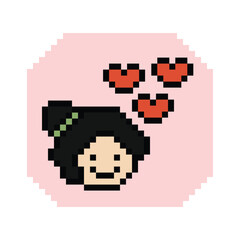 Cute pixel cartoon 8bit character woman lady feel love happy happiness heart emotion decoration in love 8 bit female girl happy favorite like mood game isolated PNG vector.
