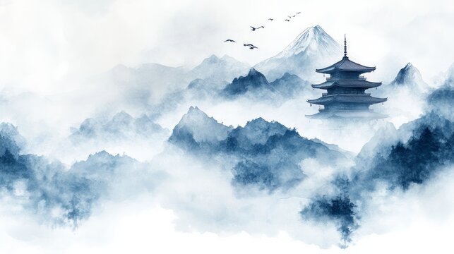 Ink wash painting showing mountains pagoda and flock of birds