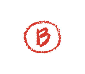 School grade B drawn with a crayon, chalk or pastel texture. Hand-drawn red mark in rough circle, resembling teacher's grading on student assignments. Vector illustration drawn by charcoal