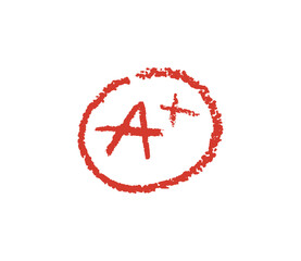 School grade A with plus drawn with a crayon, chalk or pastel texture. Hand-drawn red mark in rough circle, resembling teacher's grading on student assignments. Vector illustration drawn by charcoal