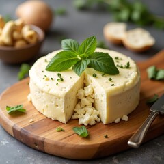 A homemade vegan cashew cheese wheel, on a cutting board.